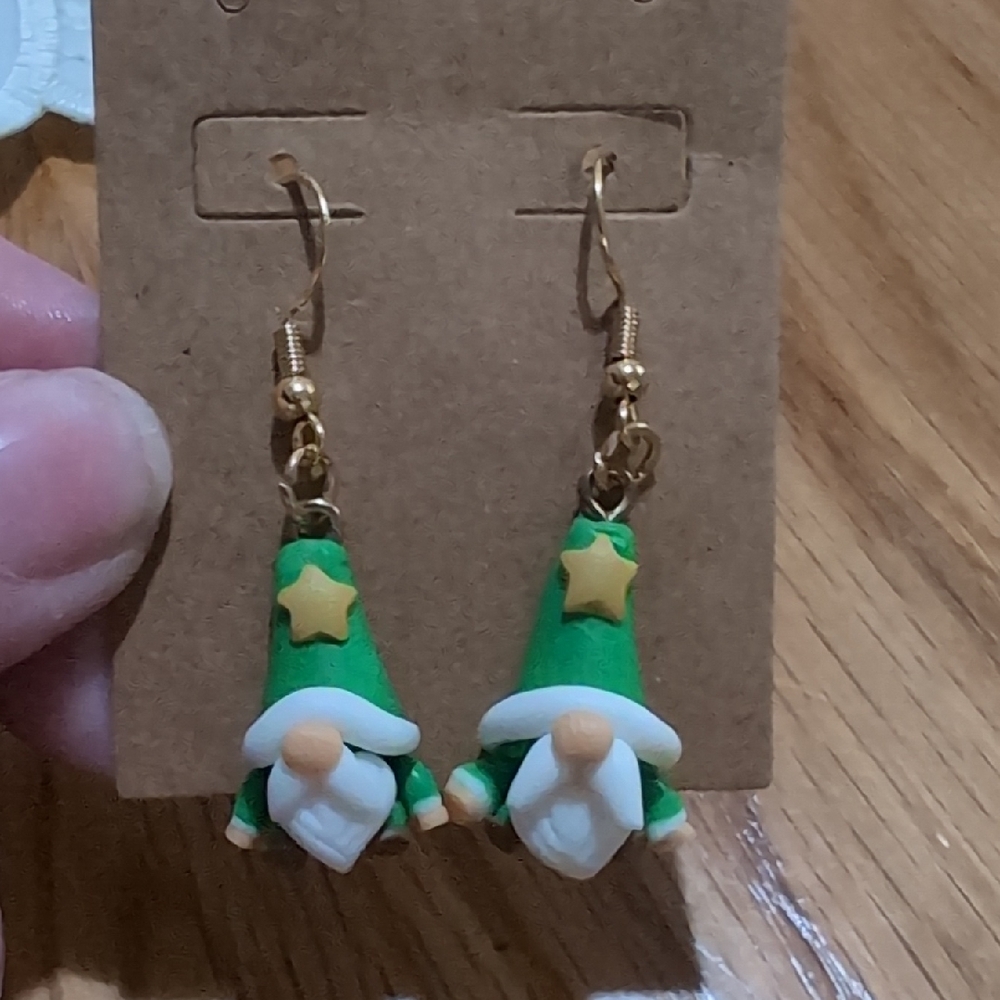 Green and White Gnome Earrings